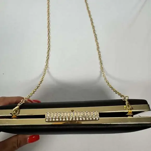 Kate Landry Black Satin Evening Box Clutch with Rhinestone Clasp - Picture 2 of 8